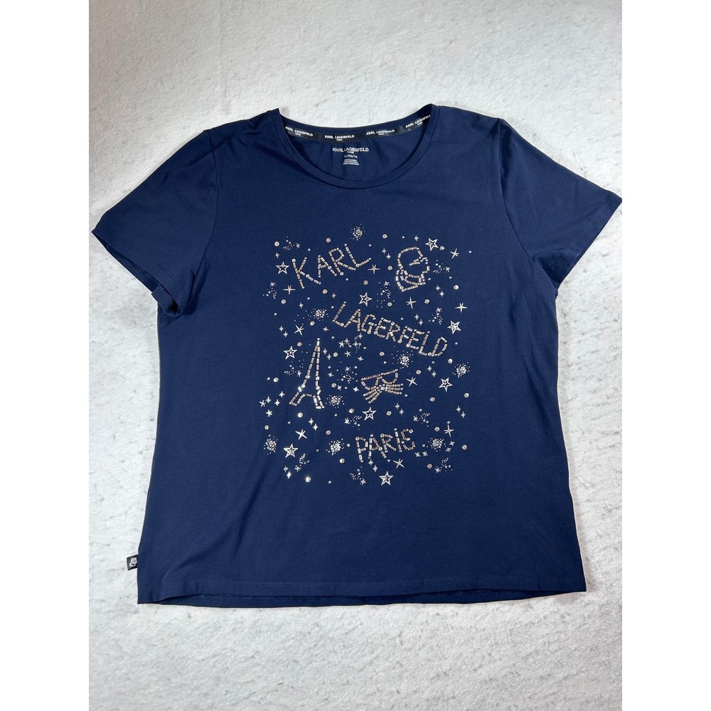 Karl Lagerfeld Paris Navy Blue Rhinestone Eiffel Tower Graphic Tee Shirt XL